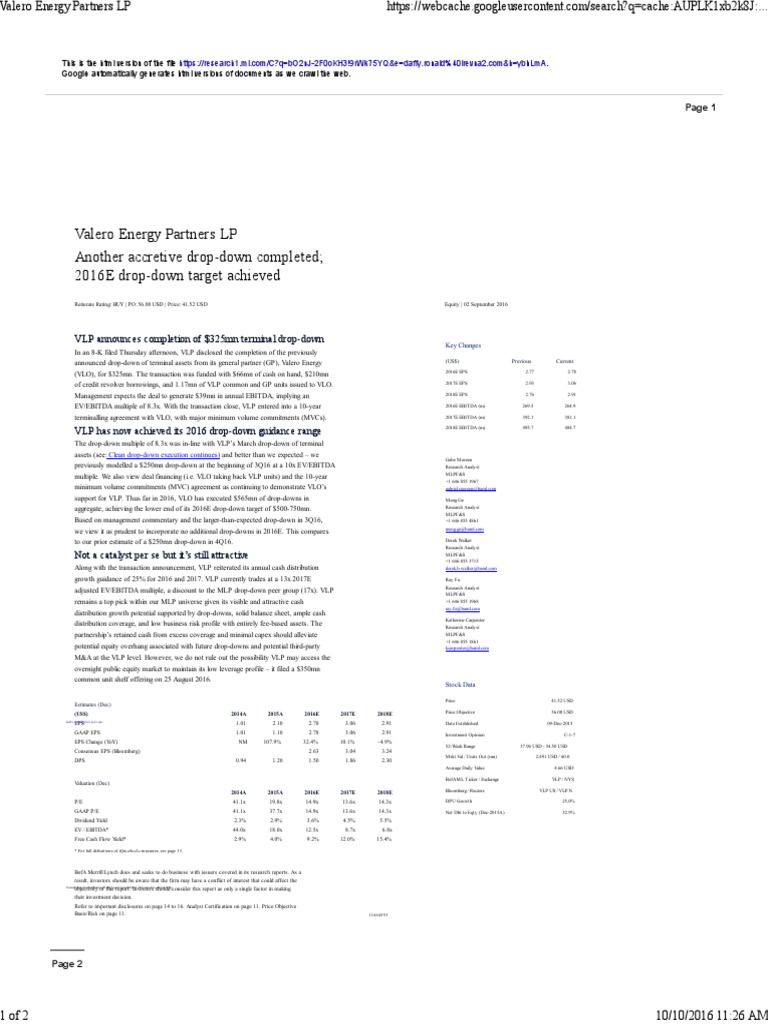 Valero Energy Partners LP Drop-Down Update | PDF | Yield (Finance ...