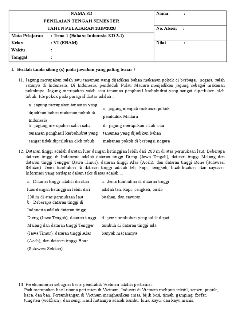Soal Pts Bi T1 Bahasa Indonesia Kd 3 1