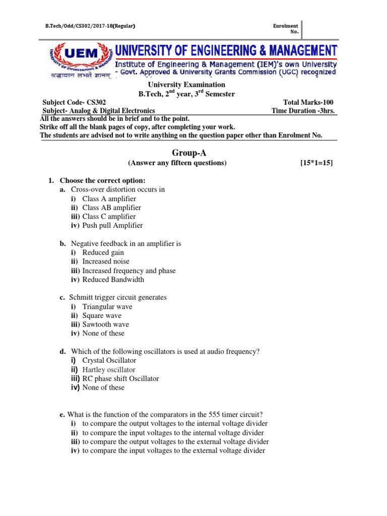 CS302 Analog & Digital Electronics Exam | PDF | Electronic Oscillator ...