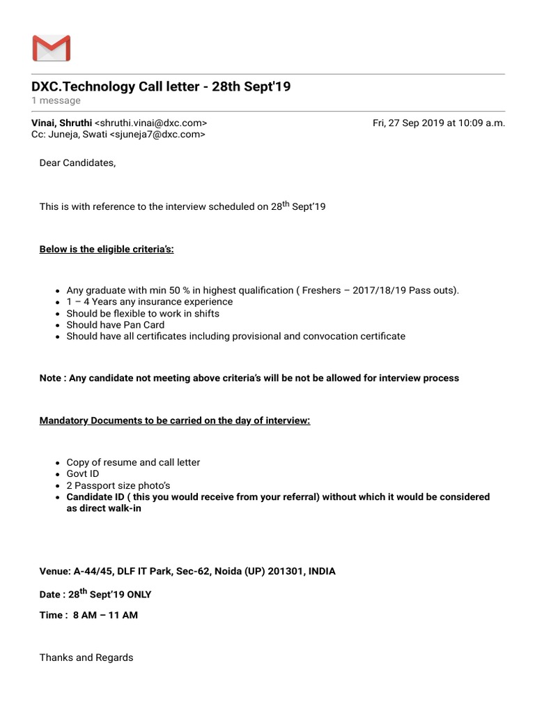 Gmail - DXC - Technology Call Letter - 28th Sept'19 | PDF