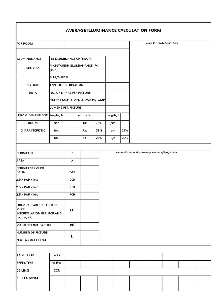 Average Illuminance Calculation Form: Show The Cavity Height Here | PDF
