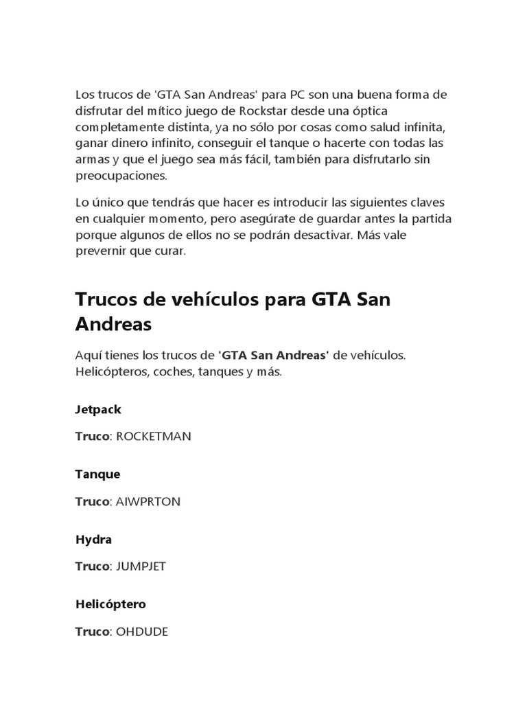 Trucos De GTA San Andreas Para PC ▷➡️ Trucoteca ▷➡️