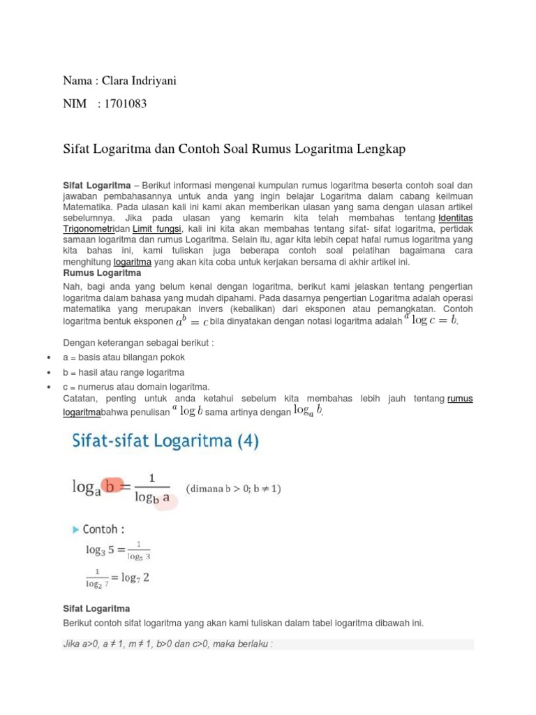 Sifat Logaritma Dan Contoh Soal Rumus Logaritma Lengkap Nama Clara Indriyani Nim 1701083