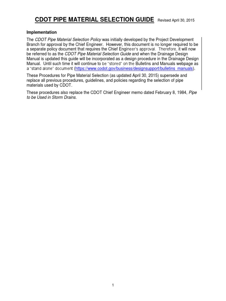 CDOT Pipe Material Selection Guide | PDF | Pipe (Fluid Conveyance ...
