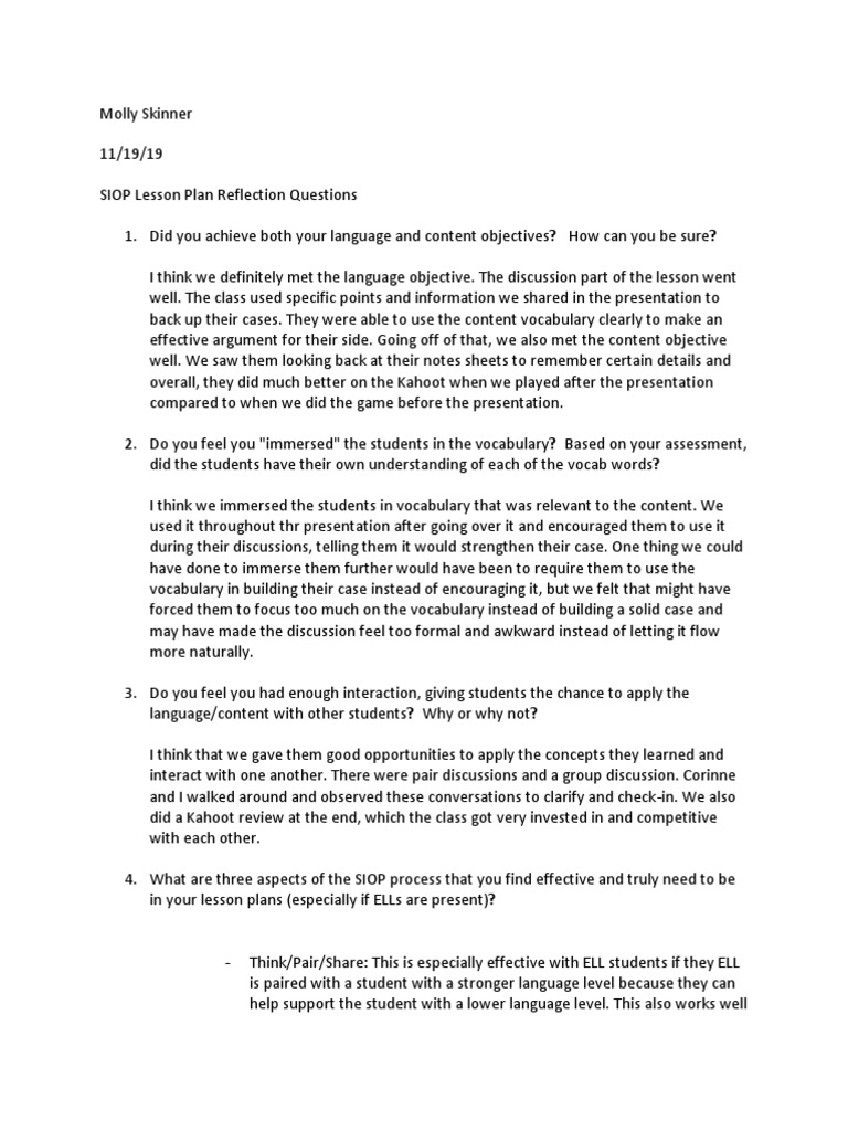 SIOP Lesson Plan Reflection Insights | PDF | Vocabulary | Lesson Plan