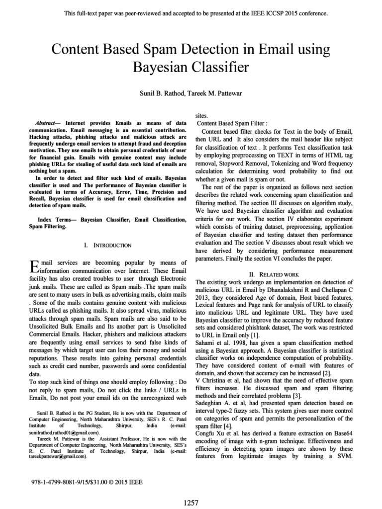 Content Based Spam Detection in Email Us PDF | PDF | Statistical ...