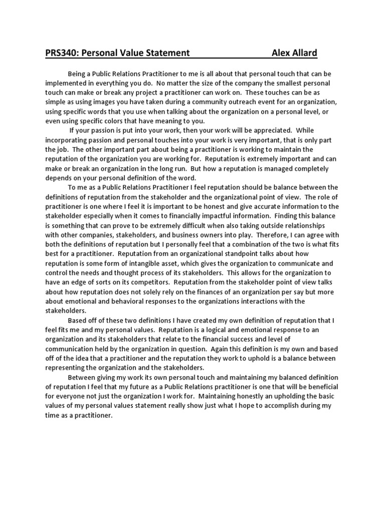 Personal Value Statement in PR | PDF | Reputation | Public Relations