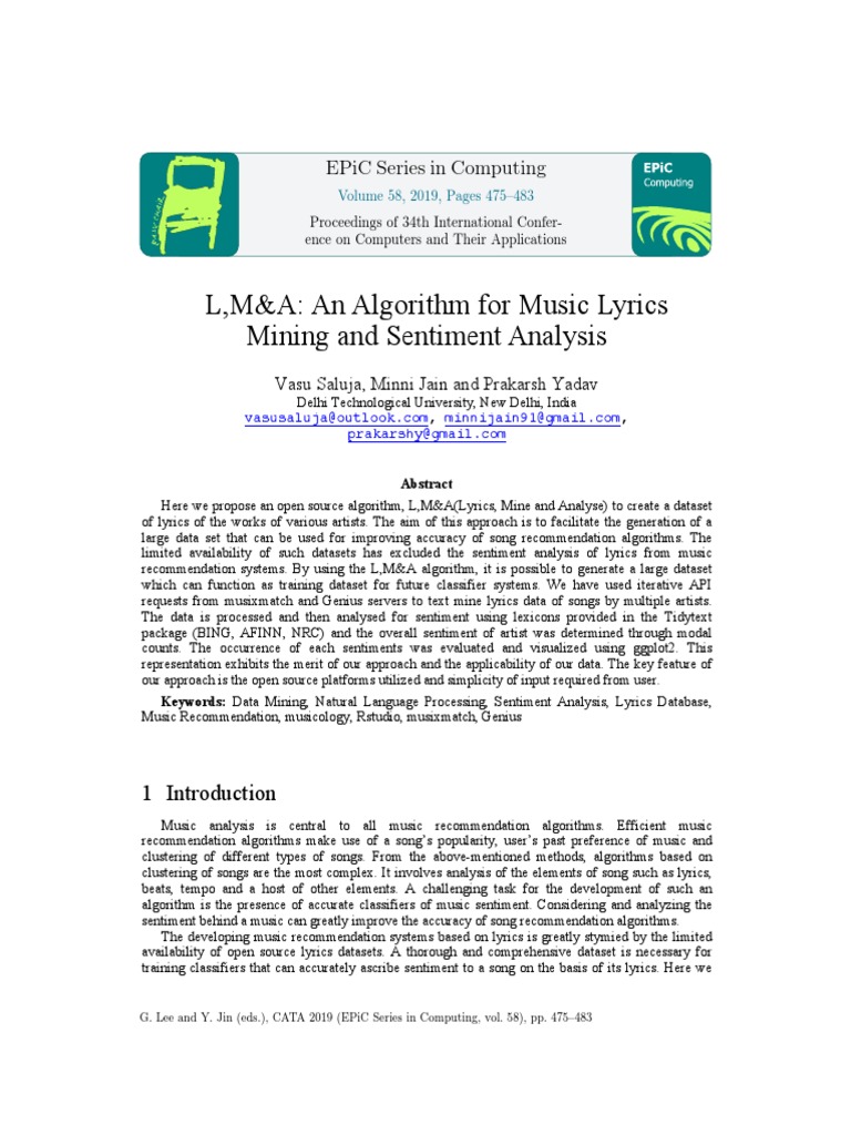L-MA An Algorithm For Music Lyrics Mining and Sentiment Analysis | PDF ...