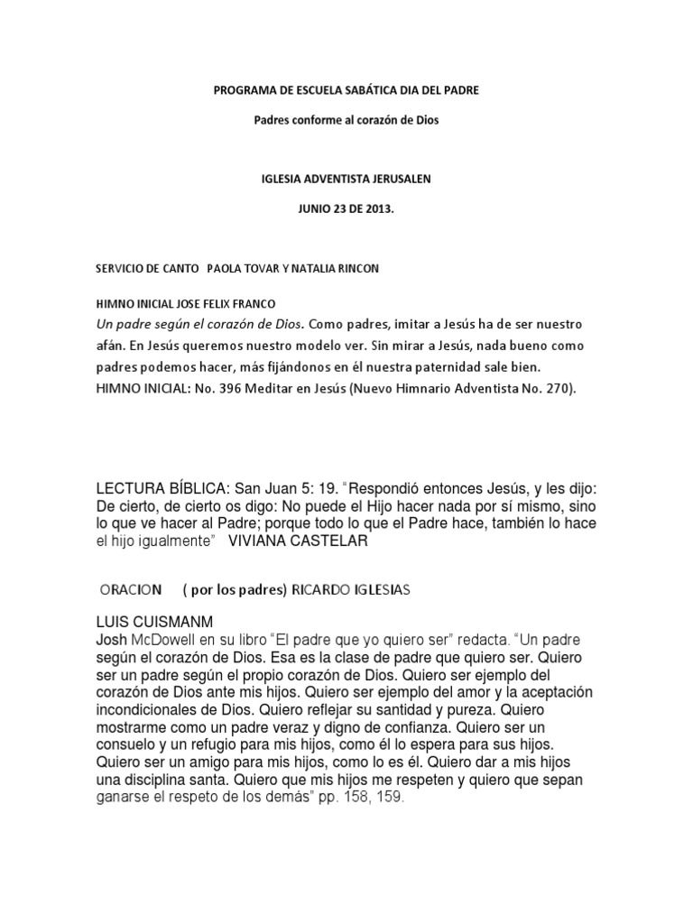 Programa de Escuela Sabática Dia Del Padre PDF Santo Jesús