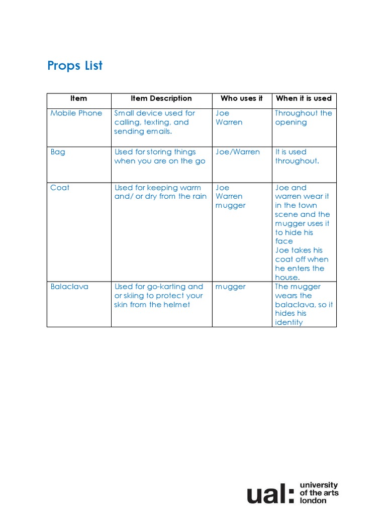 Props List 1 | PDF