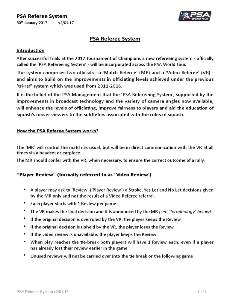 Introducing the PSA Referee System A New TwoOfficial System to