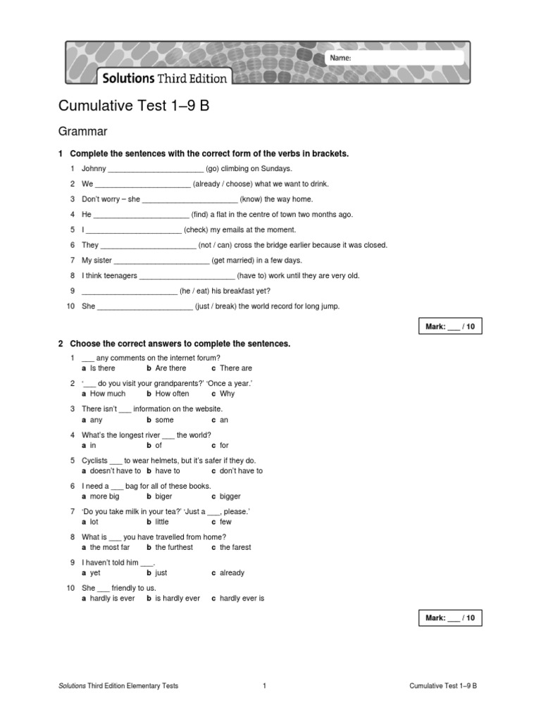 Sol3e Elem Cumulative Test 1 9 B Sports