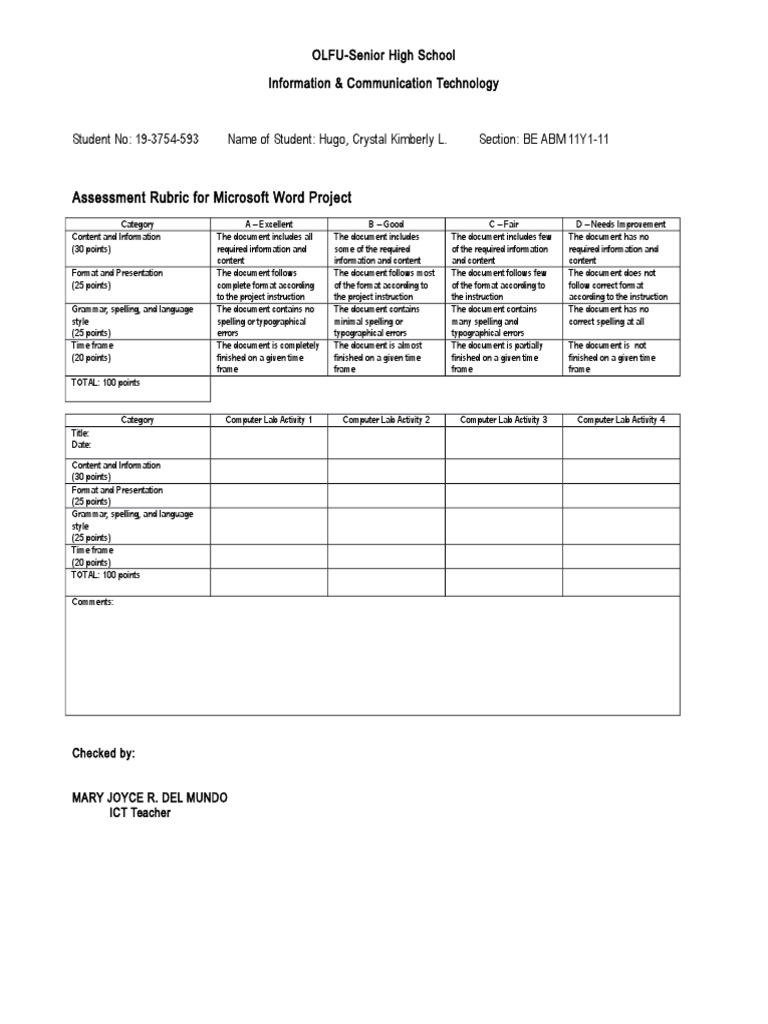 Microsoft Word Project Assessment Rubric | PDF | Rubric (Academic ...