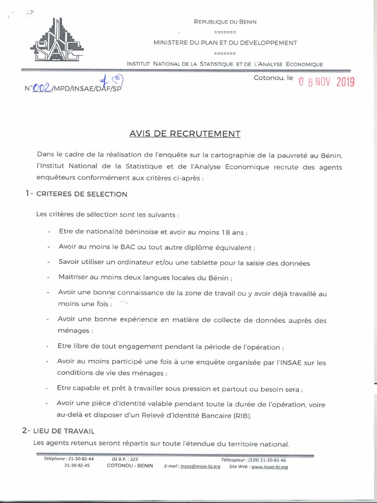 Avis De Recrutement L Enquete Sur La Cartographie De La Pauvrete Au Benin