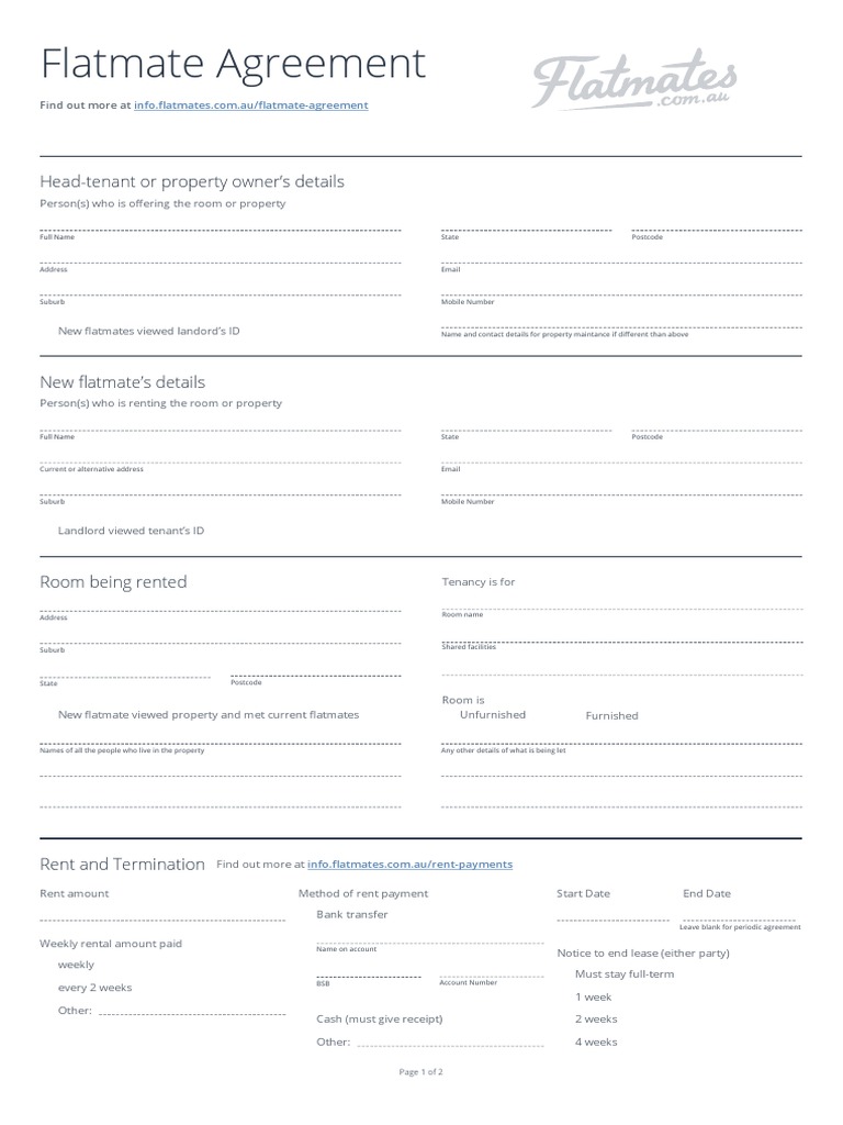 Flatmate Agreement Headtenant or property owner’s details Leasehold