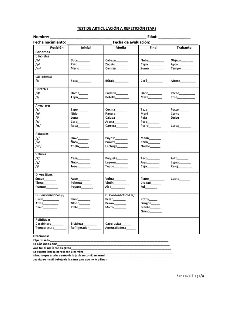 Test de Articulacion Tar | PDF | Voz humana | Fonética