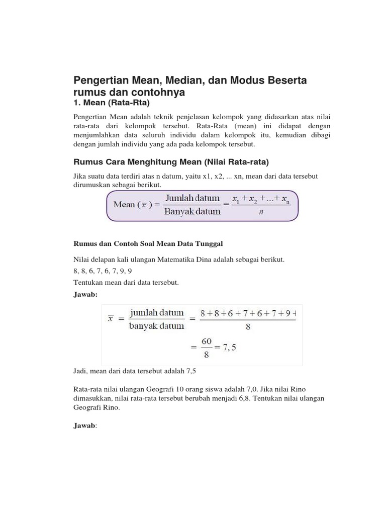 Pengertian Mean Median Dan Modus Beserta Rumus Dan Contohnya