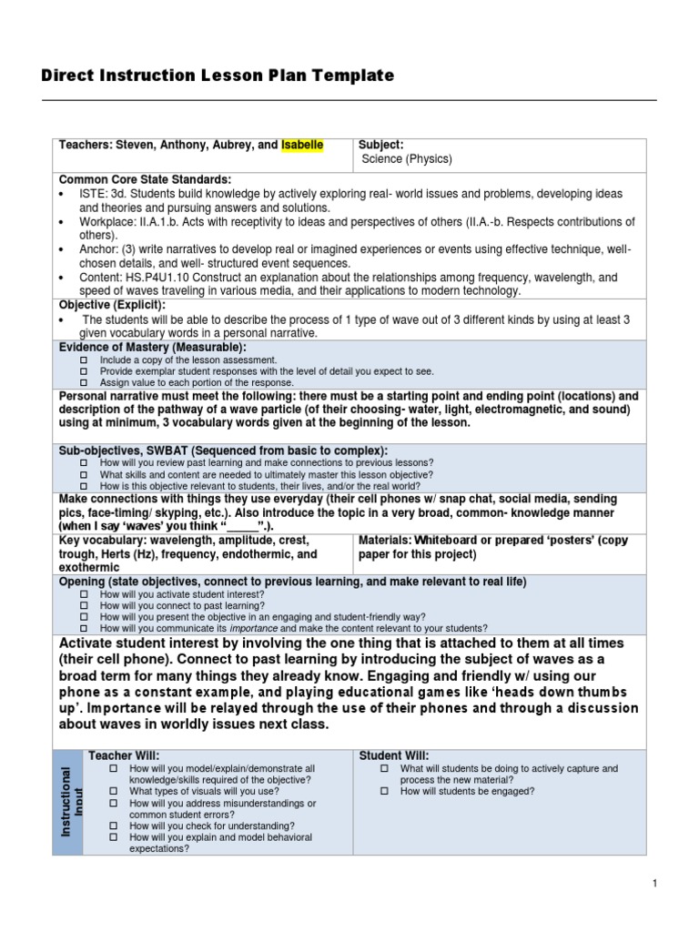 Direct Instruction Lesson Plan Template | PDF | Narrative | Learning