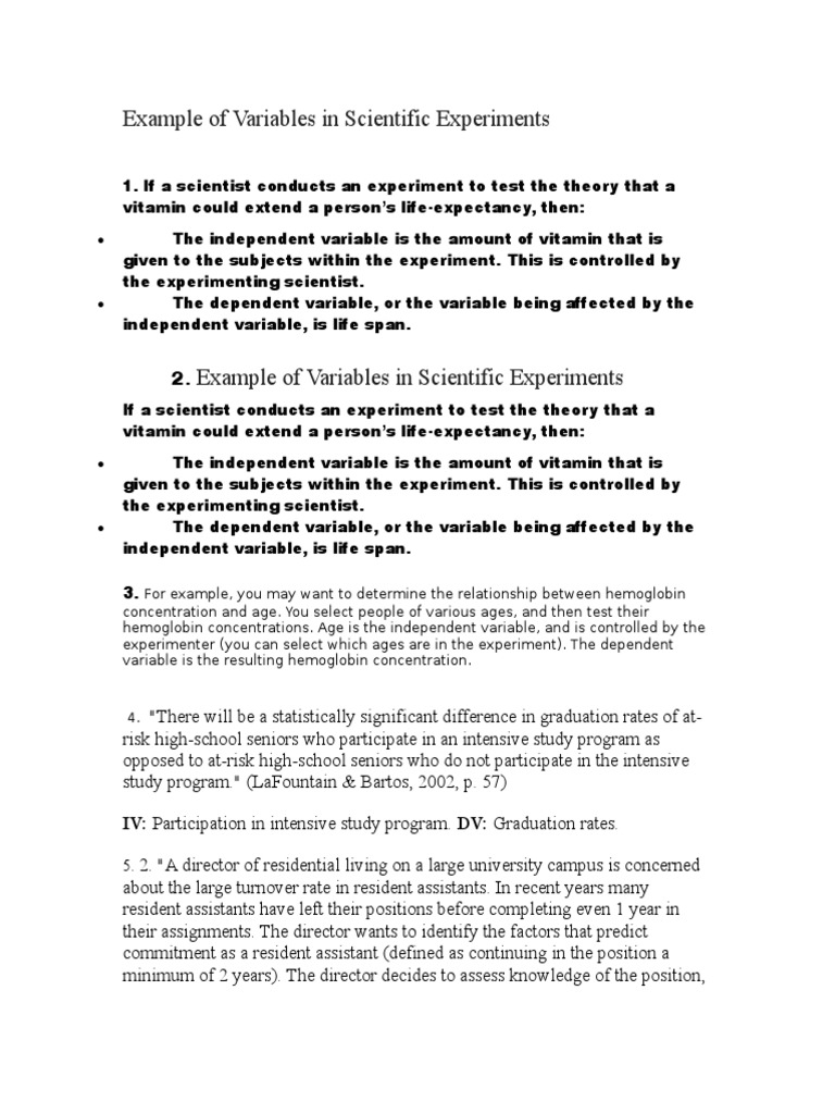 Example of Variables in Scientific Experiments | PDF