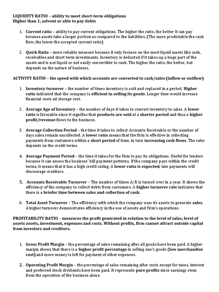 Financial Ratios Notes Pdf Debt Revenue