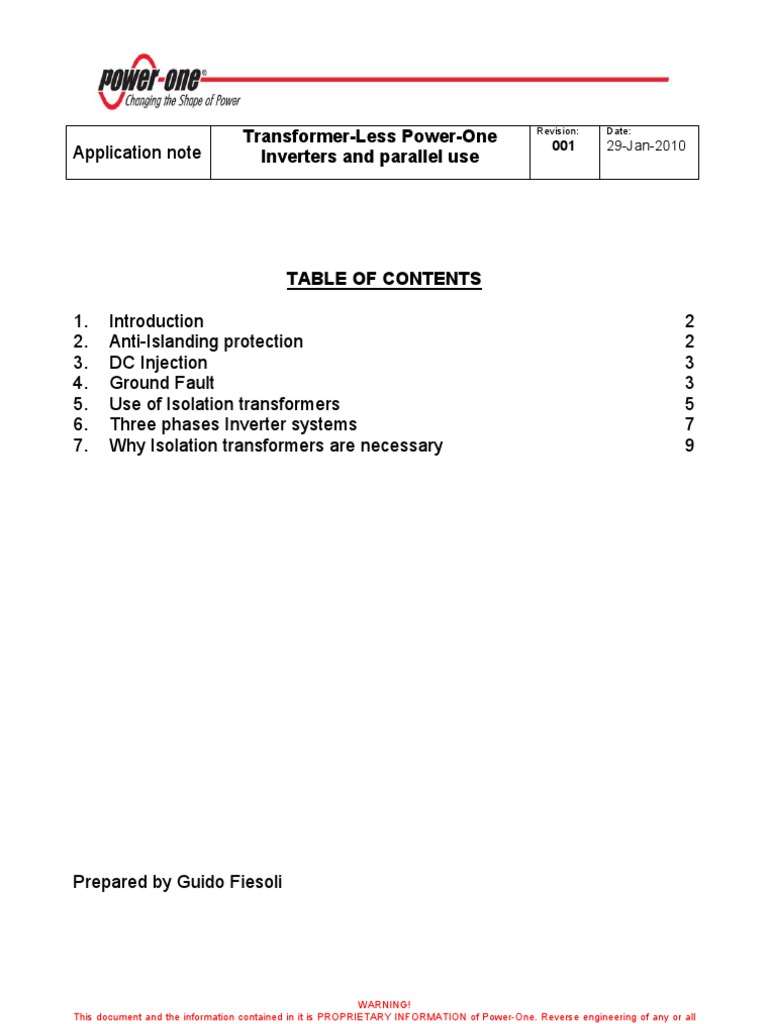 Application Note TransformerLess PowerOne Inverters and Parallel Use