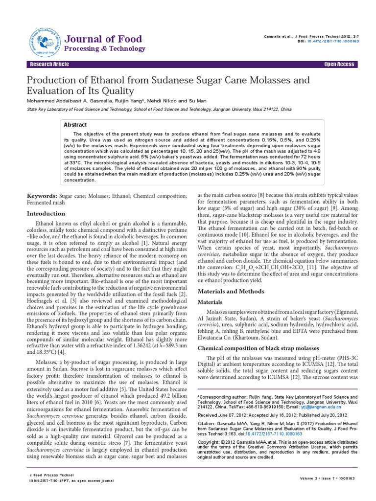 Production of Ethanol From Sudanese Sugar Cane Molasses and Evaluation of Its Quality 2157 7110.