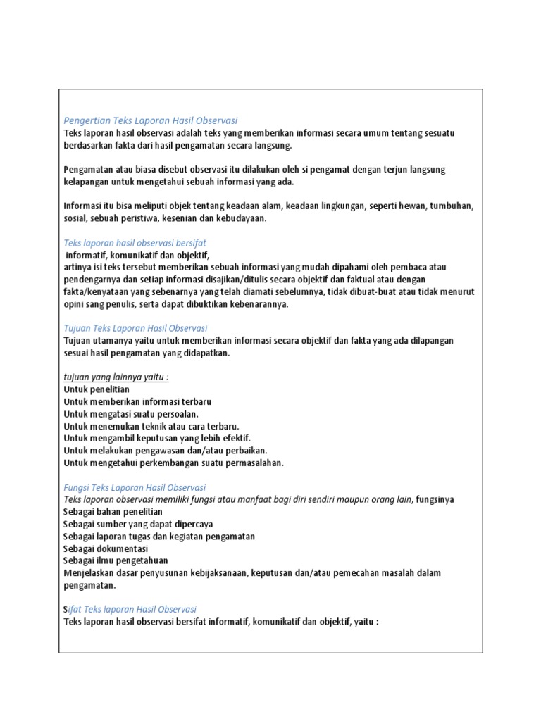 Fungsi Teks Laporan Hasil Observasi Adalah Seputar Laporan