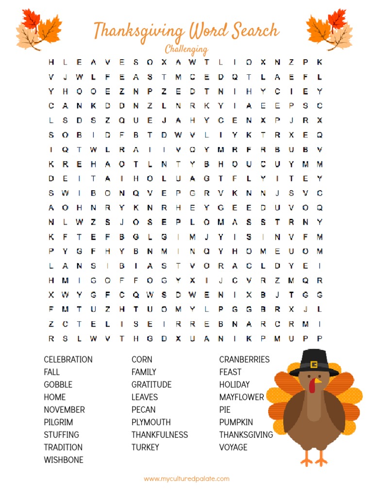 Thanksgiving Word Search: Challenging | PDF for Gratitude Word Search Free Printable