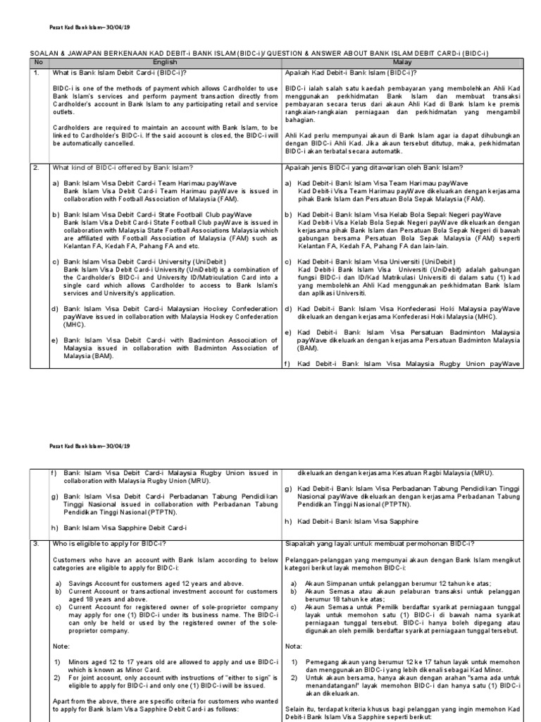 Faq Bank Islam Debit Card I Malayeng 09052019 Pdf Gambling Visa Inc
