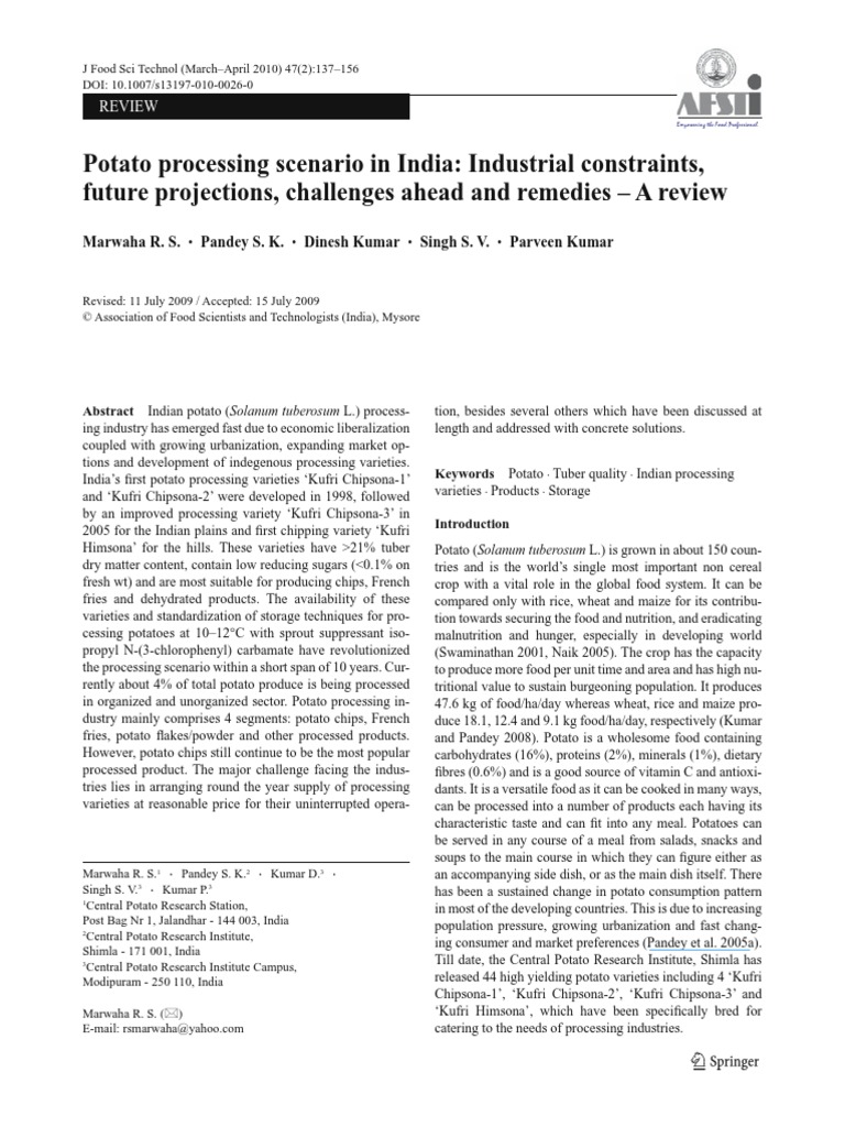 Potato Processing Scenario in India Indu PDF | PDF | Potato | French Fries