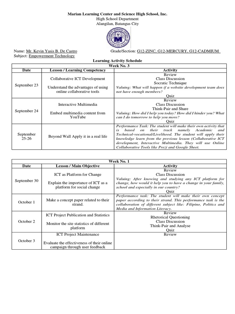 Marian Learning Center And Science High School Inc Pdf Educational