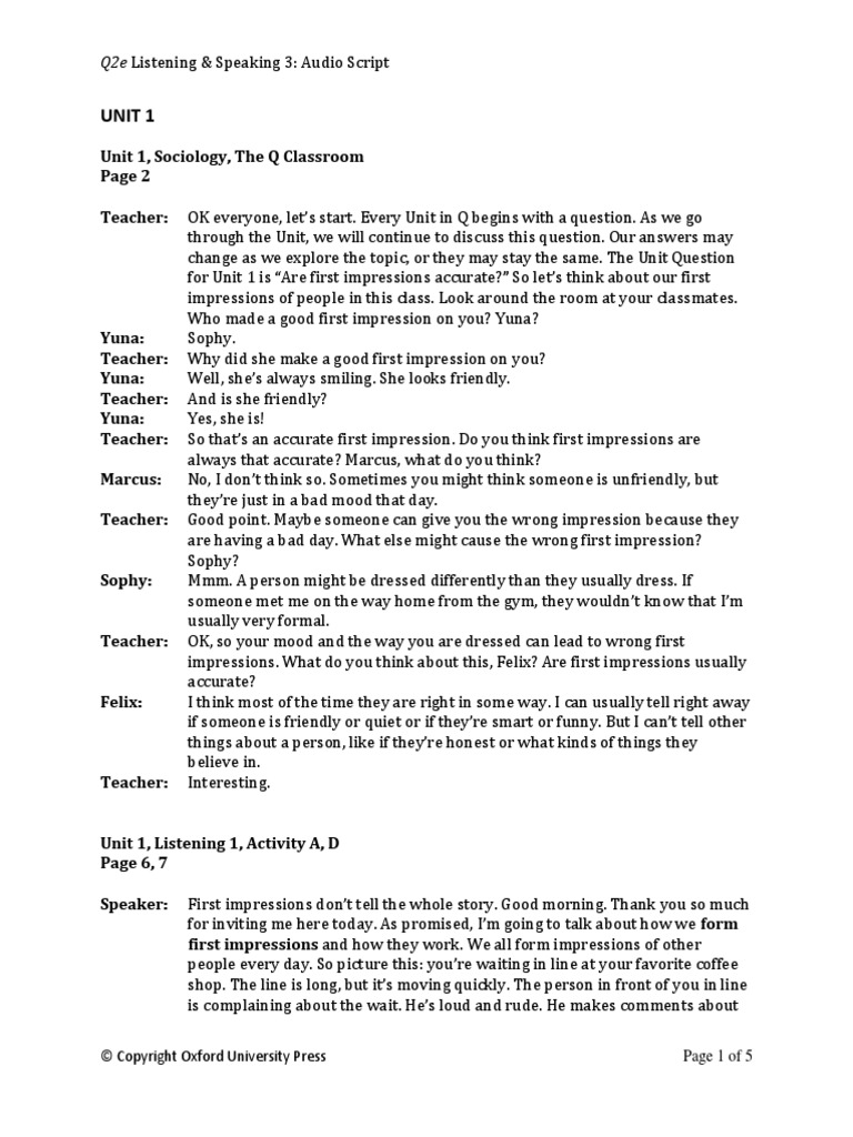 Unit 1: Q2e Listening & Speaking 3: Audio Script | PDF