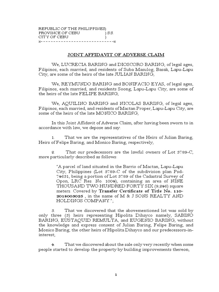 Adverse Claim by Julian Baring Heirs | PDF | Natural Resources Law ...