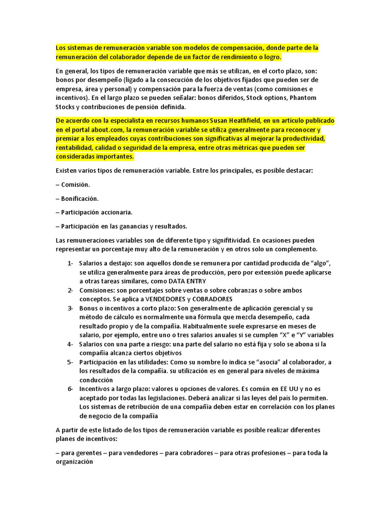 Tipos de Remuneración Variable y Ejemplos | PDF | Salario | Economias