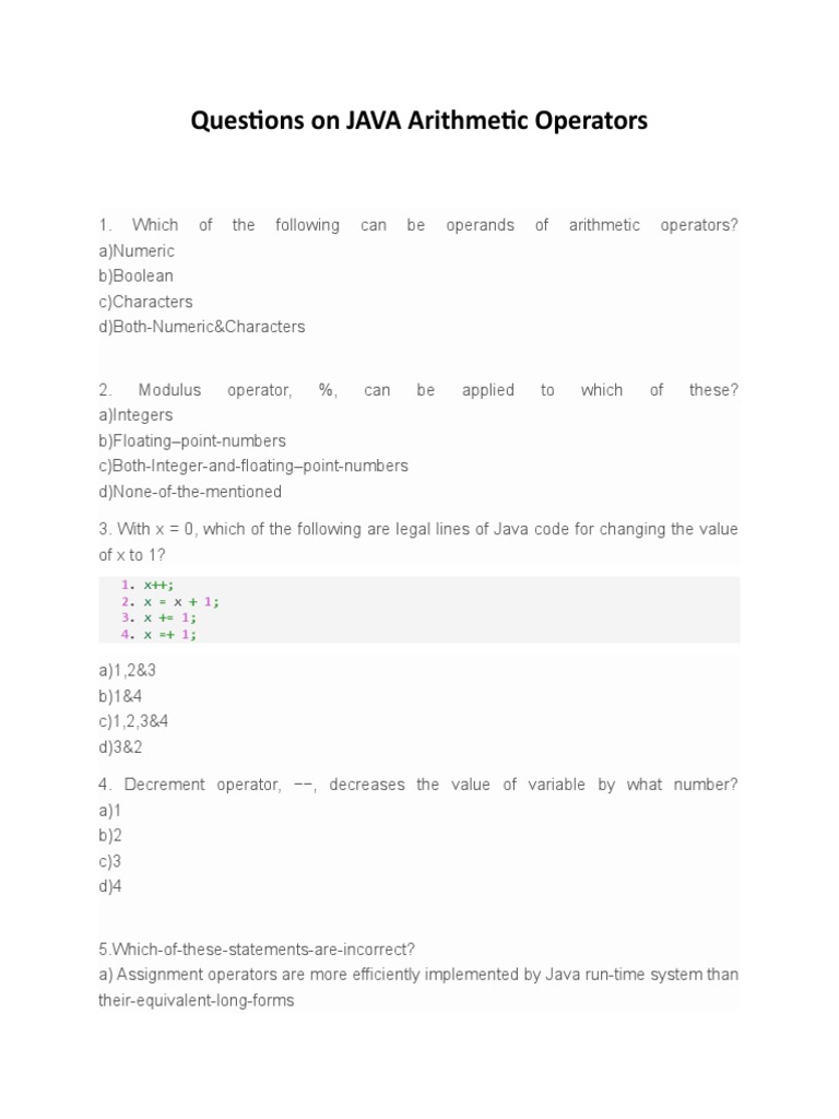 Questions On JAVA Arithmetic Operators: X X X X | PDF | Integer ...