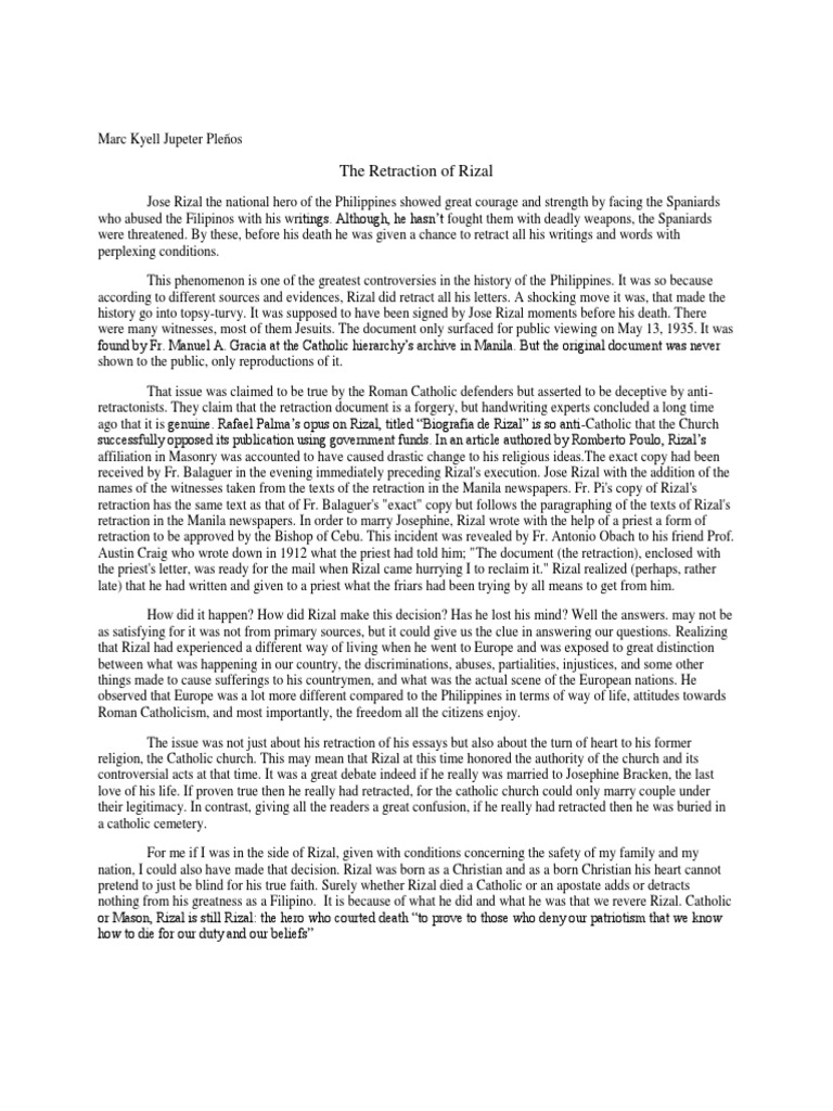 Retraction of rizal Religion And Belief