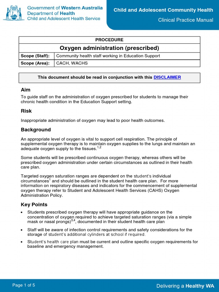 Oxygen Administration (Prescribed) Procedure PDF Health Care Oxygen