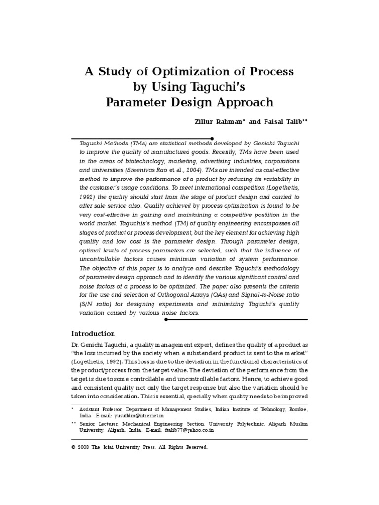 A Study of Optimization of Process by Using Taguchi's Parameter Design ...