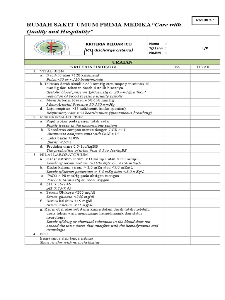 Form Kriteria Keluar Icu RSPM | PDF