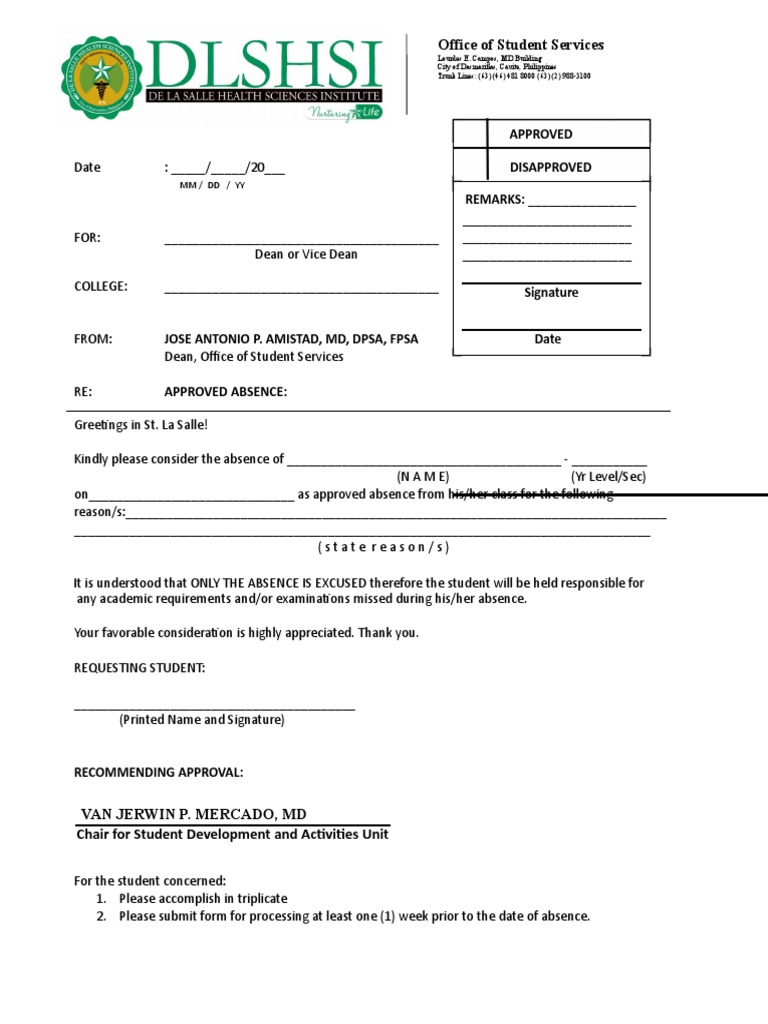 Excuse Letter Template Student Activities