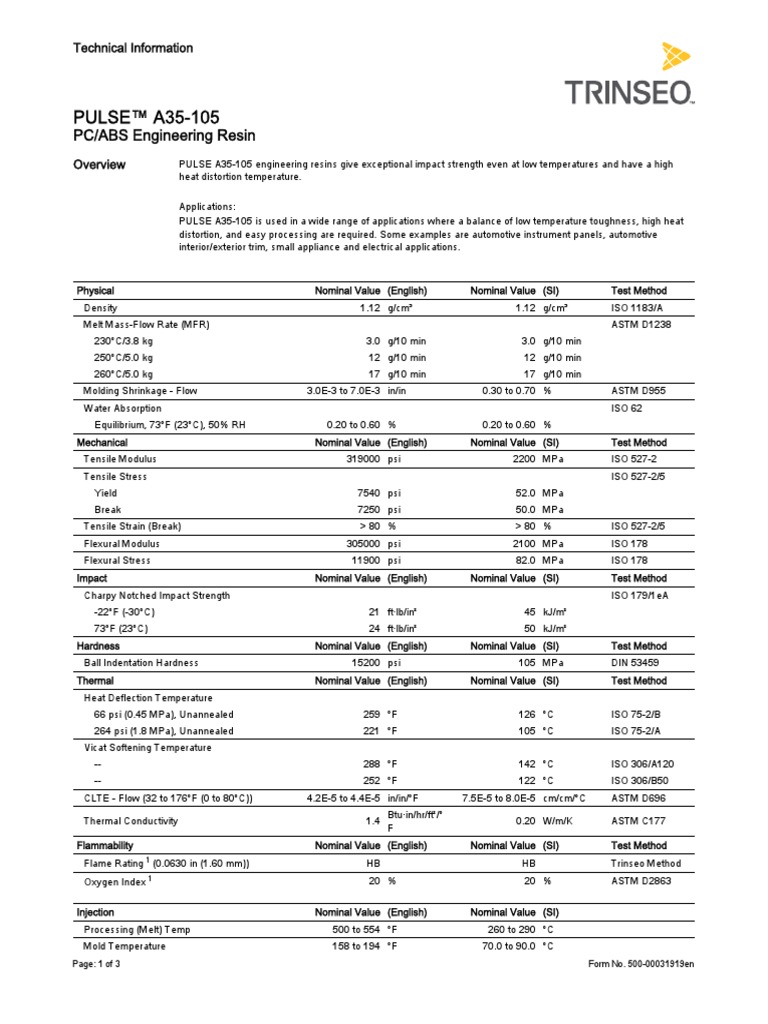 PULSE™ A35105 PC/ABS Engineering Resin Pascal (Unit) Safety