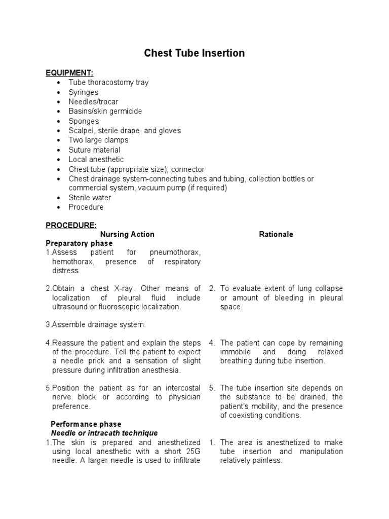 Chest Tube Insertion Procedure Guide | PDF | Pulmonology | Nature