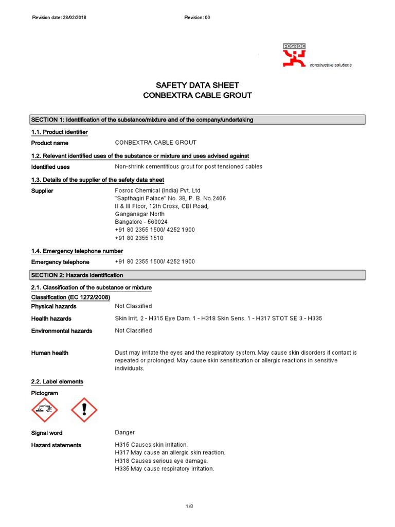 SDS Conbextra Cable Grout PDF Dangerous Goods Toxicity