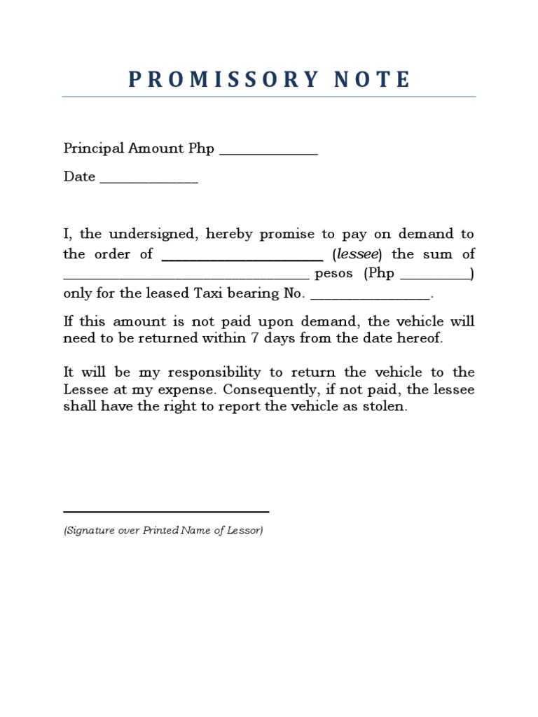 Taxi Rental Payment Promissory Note | PDF | Finance & Money Management ...