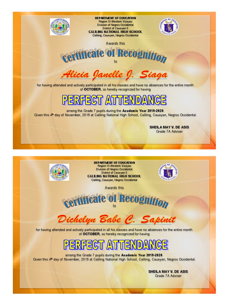 Certificate of Perfect Attendance | PDF