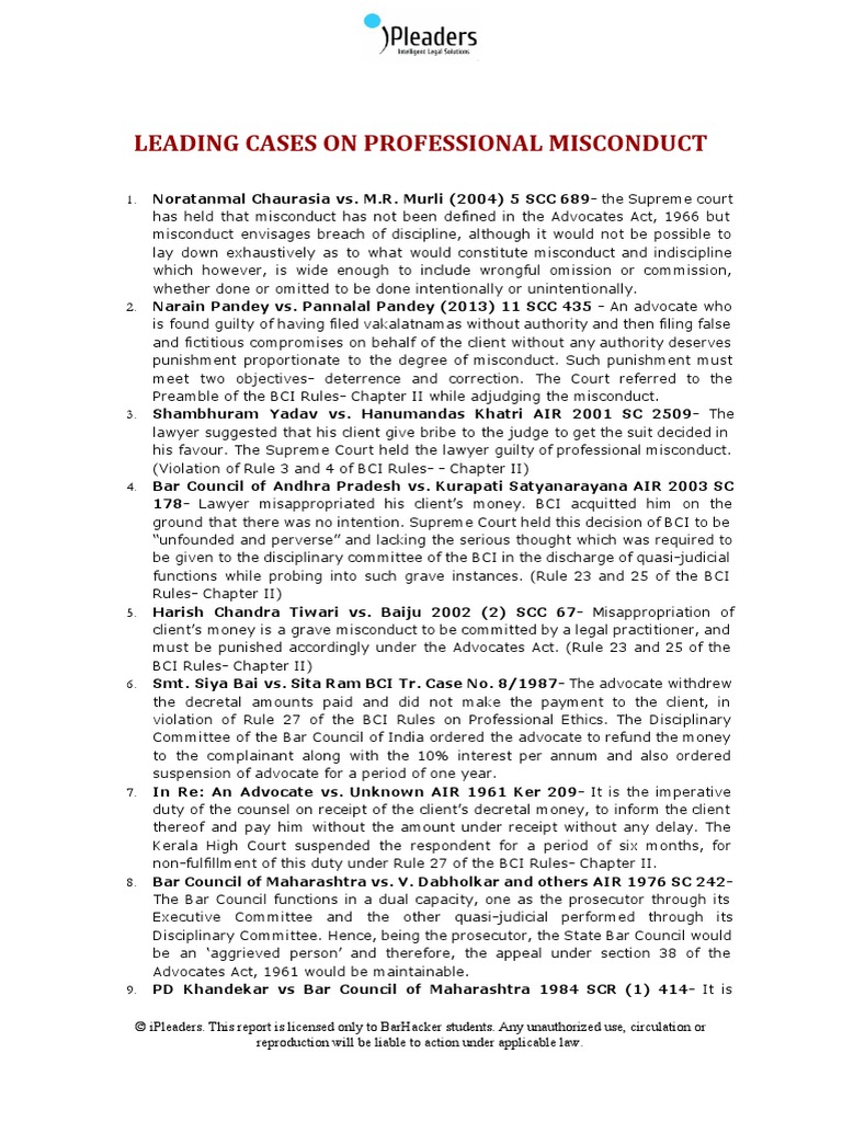 Leading Cases on Professional Misconduct Advocate Supreme Court Of