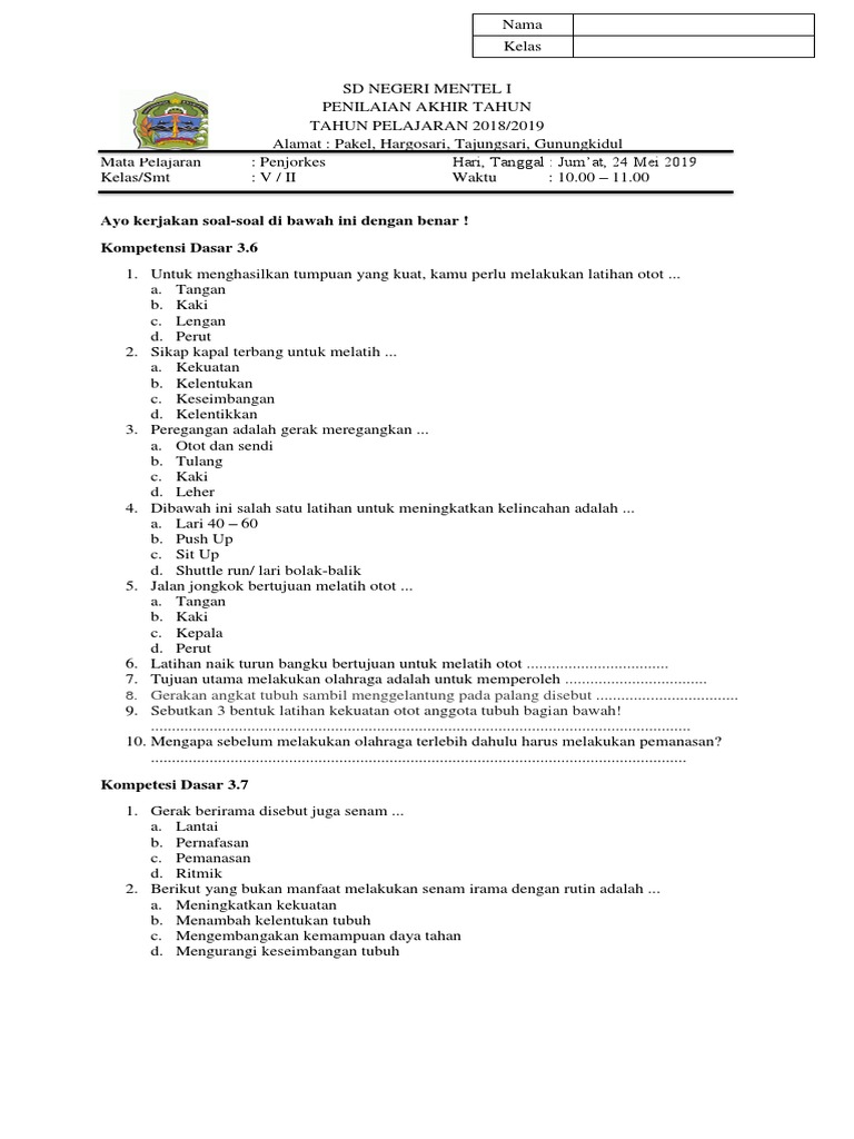Soal Pat Penjas Kelas 5 Jadi