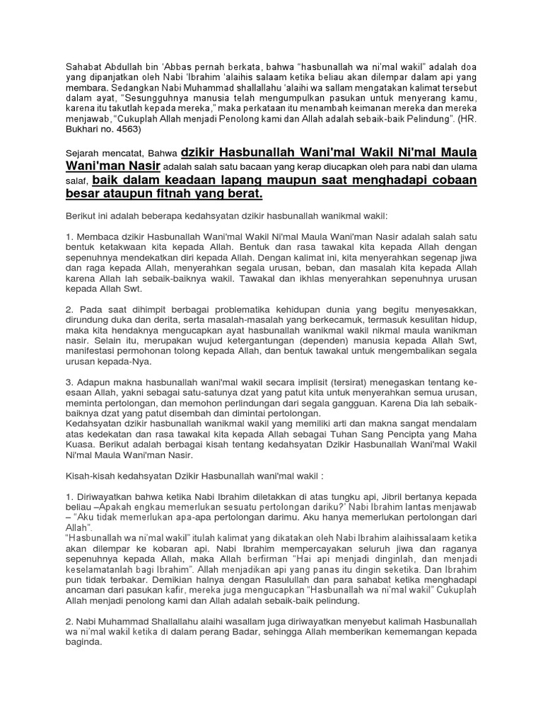 Dzikir Hasbunallah Wani Mal Wakil Ni Mal Maula Wani Man Nasir Baik Dalam Keadaan Lapang Maupun Saat Menghadapi Cobaan Besar Ataupun Fitnah Yang Berat