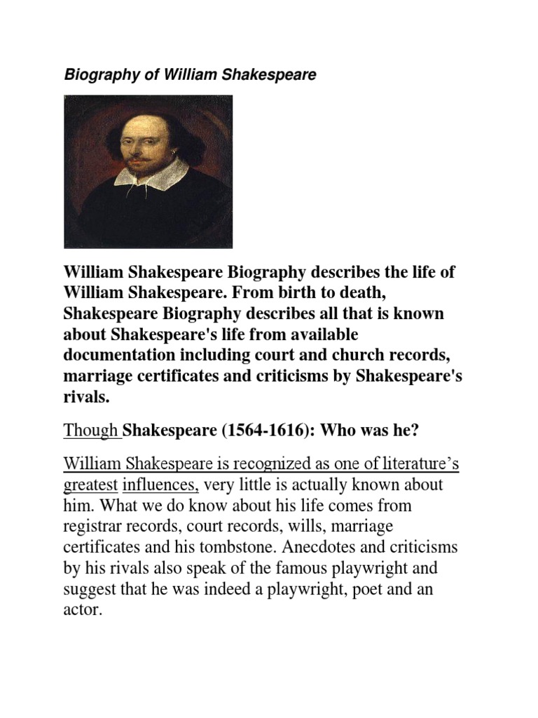 Short Biography William Shakespeare William Shakespeare
