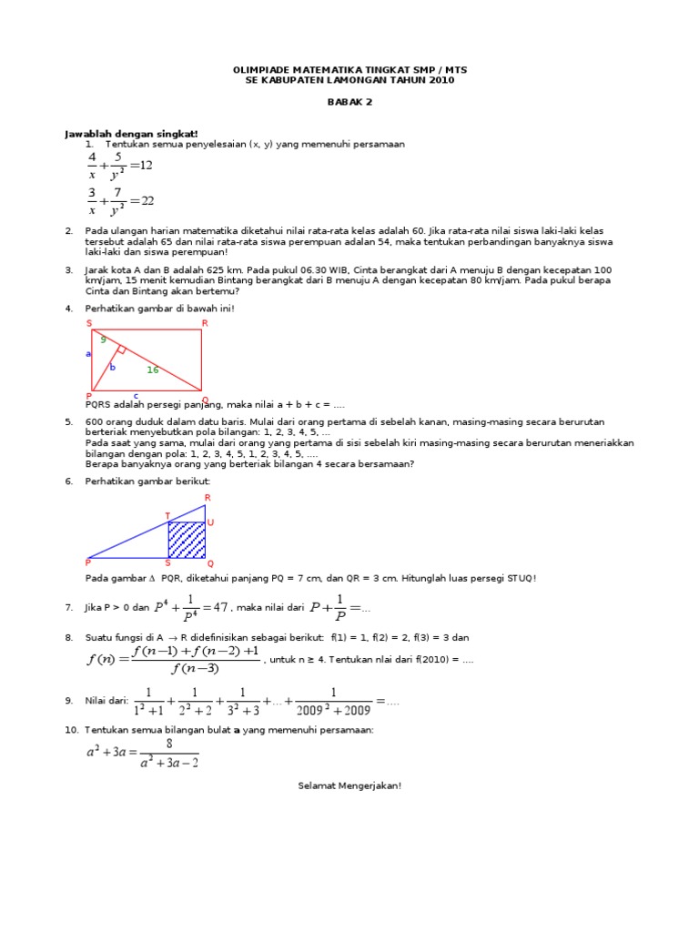 Soal Olimpiade Matematika Smp Mts Kab Lamongan Tahun 2010
